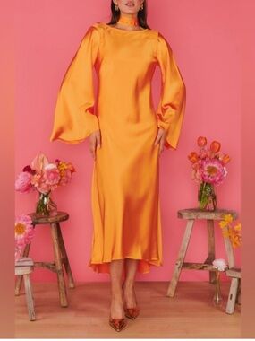 NWT Showmeyourmumu Long Sleeve Midi Dress in Vibrant Orange sz S